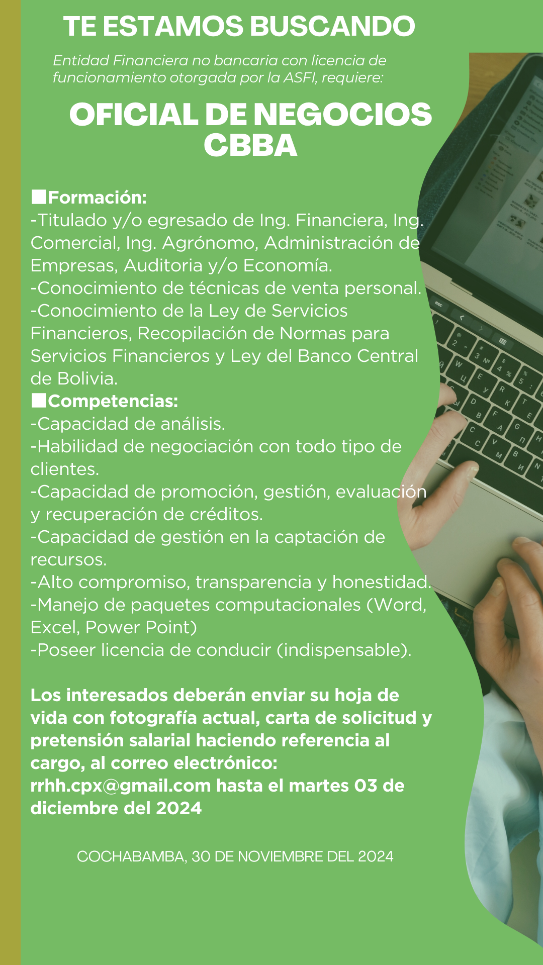 OFICIAL DE NEGOCIOS – BASE COCHABAMBA