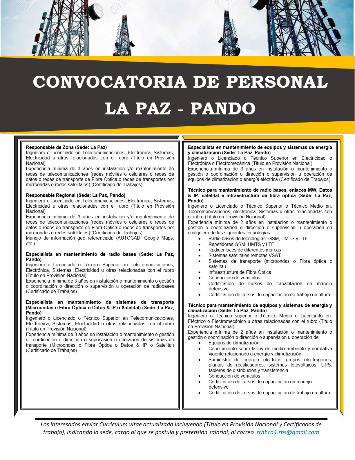 ESPECIALISTAS Y TECNICOS EN MANTENIMIENTO DE RADIO BASES